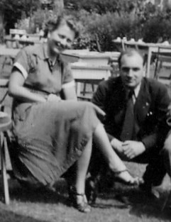 Mum, Dad, July 1951. Bramber, Sussex. Dad's Aunt Agnes ran the tea rooms in Bramber. This photo was taken in the garden of the tea rooms.