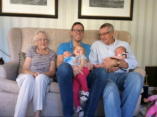 Four Generations of my side of the family, Mum, Me - Alan her son,  Geoffrey her grandson, and her Great Grand-children Olivia and George
