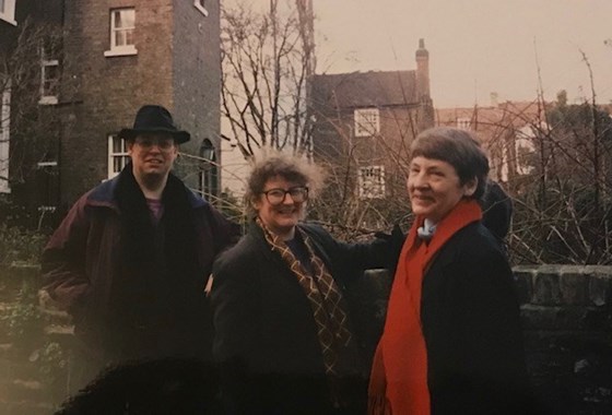 Musicians Geoff Roussell, Sue Treherne and Sue Alcock outside the Tower Theatre, Barnsbury in London