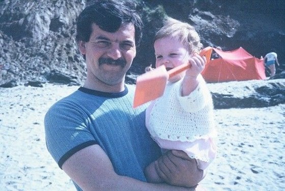1979 June - Sarah with Dad on beach at Newquay (1)