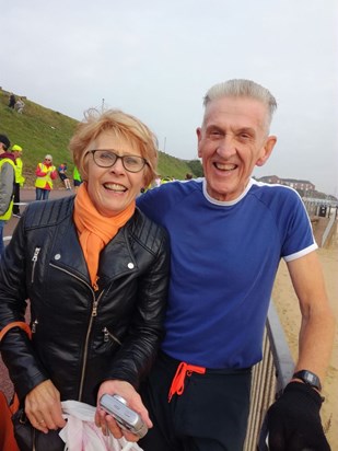 Judy and Graham at Graham’s 250th Parkrun, Gorleston seafront, October 2016