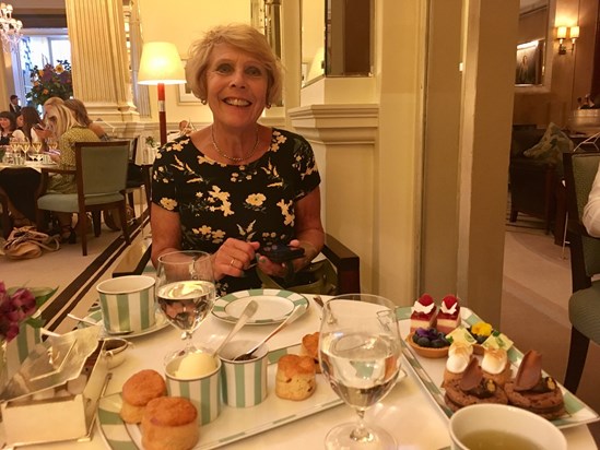 Judy enjoying cream tea at Claridge’s with Ruth