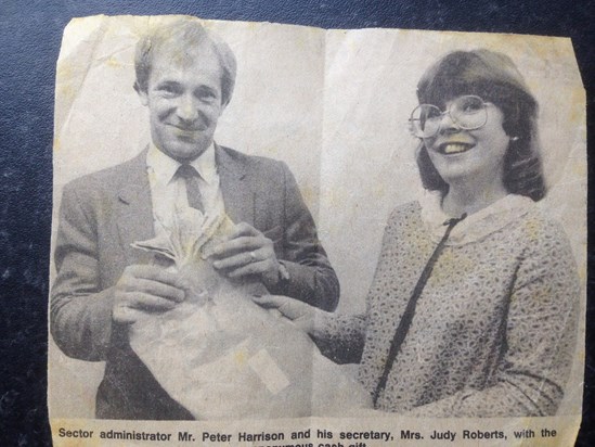 1982 newspaper cutting. Anonymous donation to NHS in brown envelope opened by Judy.