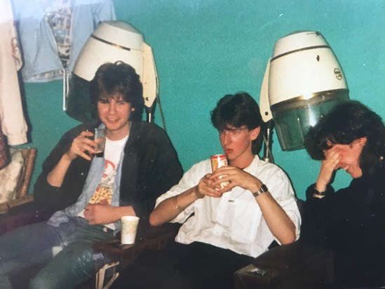 Simon, Scott and Doug at the hairdressers for Karens 18th