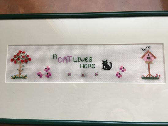 Norah's embroidery - made for Trish and Dave, referencing their black and white cat and their roses