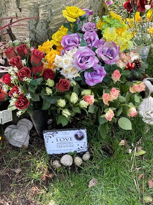 Peel Green Cemetery, Mum's plaque, shells from some of her favourite beaches in Anglesey and lots of flowers x