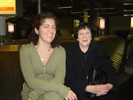 Betty with Laoise at Heathrow on the way with Geraldine to New York, Christmas 2003