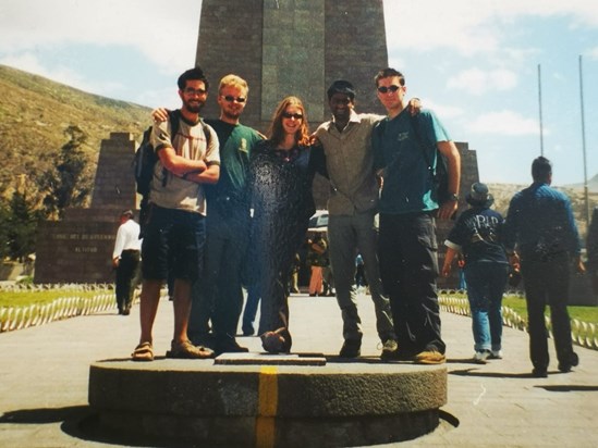 Dan Morell, Matt Salmon, Anna, Raj Reddy and William Salter at the Equator, Ecuador, July 2003. 