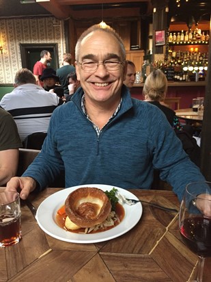 Dad enjoying a roast the day after Becki and Dan's wedding, December 2019