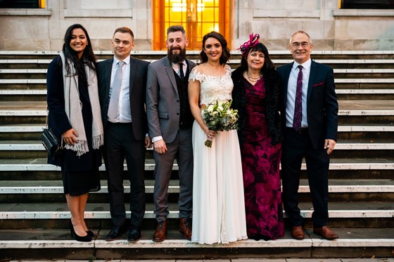 Meera, Paul, Dan, Bex, Jan and Phil at Bex and Dan's wedding, December 2019