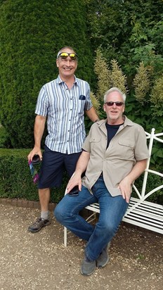 Phil and Tim taking a breather in the rose garden June 2018.  20180623 174210