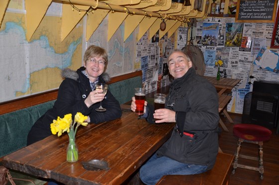 Enjoying a pint of real ale on a Dutch Barge in Wells.