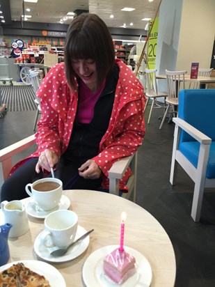 This was taken on my birthday in 2015! We used to meet up in BHS for cake & coffee.  Julie surprised me with a cake & candle! I miss you Julie.  Suzy xxx