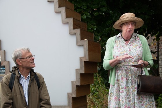 Margaret playing the part of a Bletchley Park code breaker on the Alan Turing guided walk