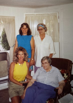 Aunt Kathy, Grandma Opal, momma kneeling, and Aunt Ruby