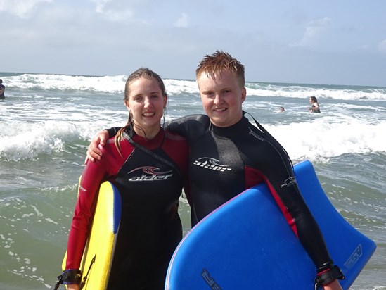 James with his Sister Lauren Body Boarding Woolacombe Bay  Summer 2018
