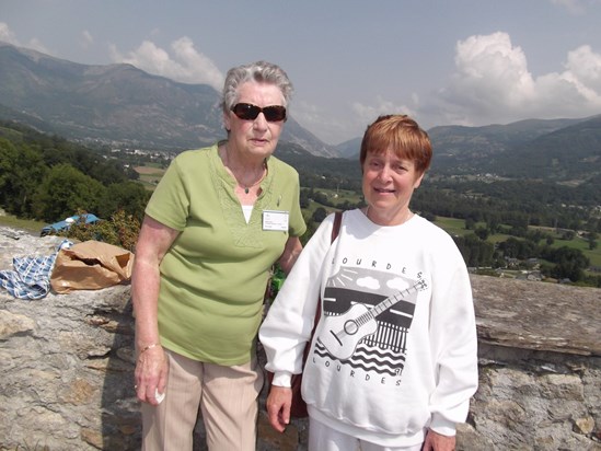 Bridie and I and Chris Lugton went on pilgrimage to Lourdes. This is a photo of us in St. Savin in the Pyrennees at the spot where the Pilgrimage picnic was held. One of many lovely memories of Bridie.