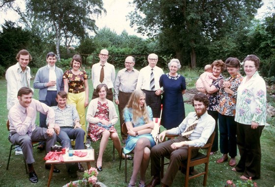 Family in back garden, Ashtead 1974