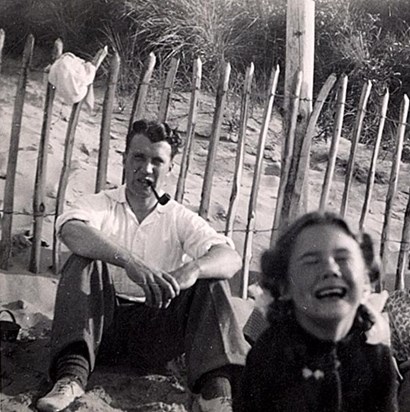 Dawn & her Dad on Wells beach, 1950. 