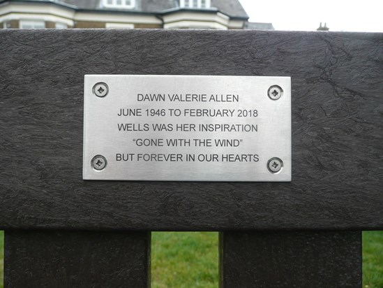 The commemorative plaque on the seat, in Dawn's memory.