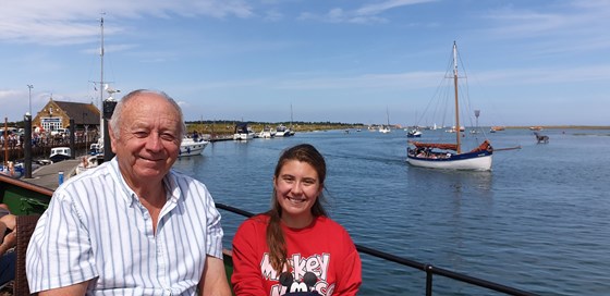Cyril & Granddaughter Olivia, on the 'Albatros' in Wells harbour, August 2019.