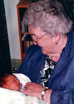 Gran and Sam, on his first day home.  She was so chuffed to be a Big Great Grannie.