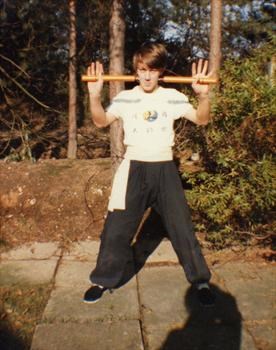 Mark in Kung Foo gear in rear garden at Ferndown 1980