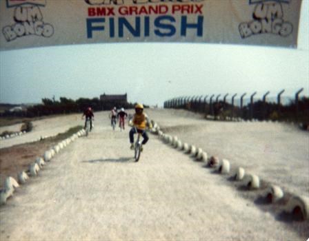 Mark in yellow winning BMX race 1986