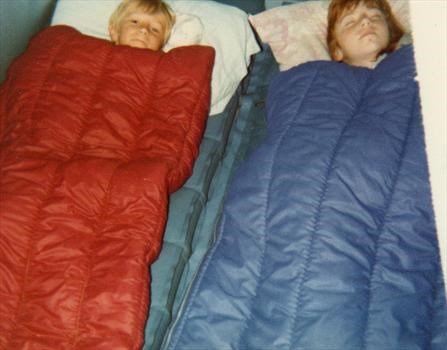 Mark & Alison in bed in tent on holiday at Wooda Farm Bude August 1977