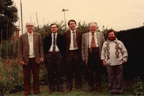 The Chapman and Ashcroft "Hams" (Radio Amateurs) in the garden in Leven.  From left: G4CCM (Henry "Chip" Ashcroft), G4CTI (Peter Ashcroft), G8AKL (Gerald Ashcroft), G6IOK (Hugh Ashcroft), and G6AXW (Paul Ashcroft)