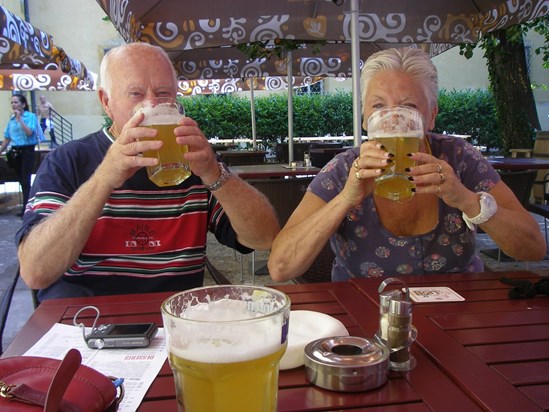 Brian and Dee enjoying a "small" beer in Prague