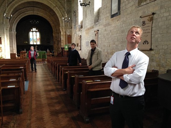 CTS Walkabout Royal Garrison Church and Rob admiring the stained glass window 2014