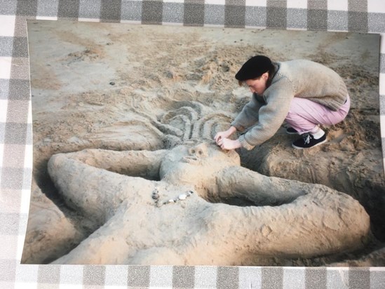 Katy making sand sculpture, Cromer beach 1987