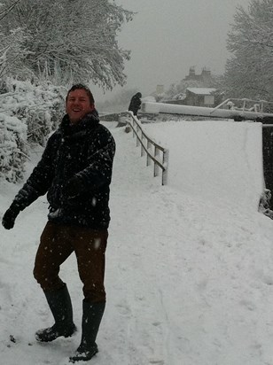 Snowball fight on the canal path