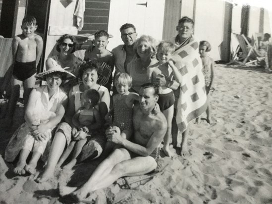 Albert just back from a swim at Gorleston. With Betty, Michael, Fred, John K, Geoffrey, Violet, Pauline and Susan.