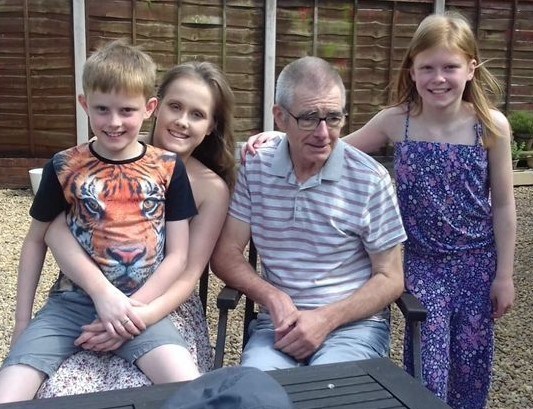 Grandad, Izzy, Annie and Patrick in garden 2016