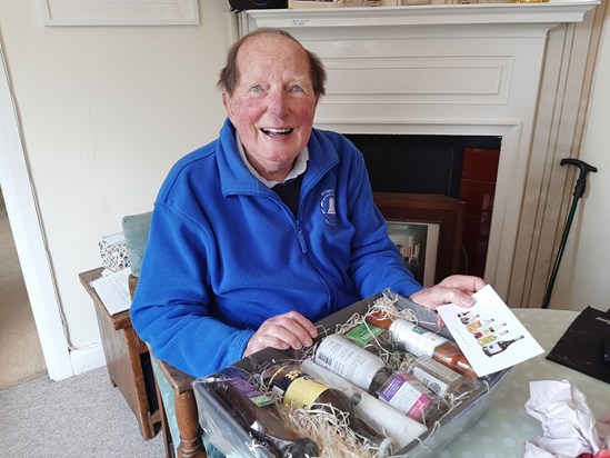 Loving his 90th birthday presents at home in Lockdown