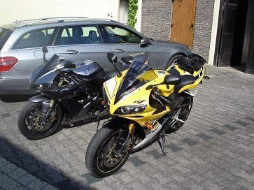 Tim and Mikes R1's outside the garage in Germany