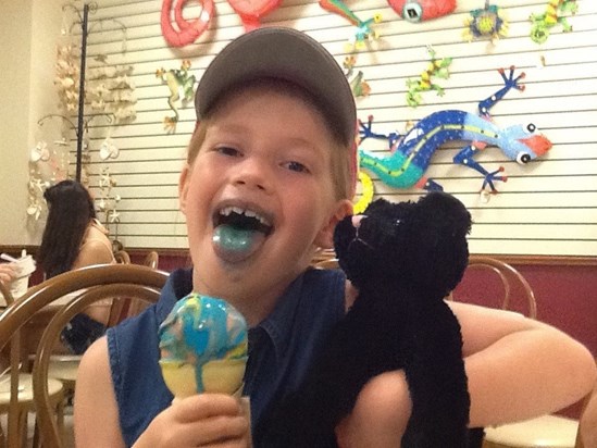 Emma with superman flavoured ice cream in Venice Florida, 03/09/14. X look at tongue!