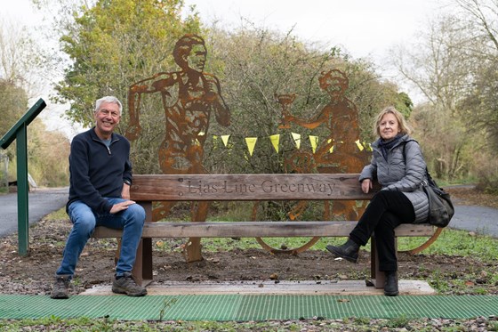 Louise Sheridan & David Moorcroft at the opening of the Portrait Bench, Lias Line Greenway, Sustrans