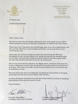 Condolence letter from the Lord Mayor of Coventry