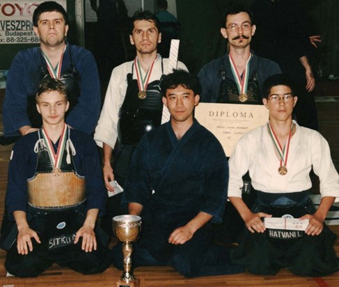 1995   ZNKR - Our kendo team, III. placed, up: Tráser Tamás, Kovács Imre, Csala Tibor, down: Sitku Attila, Kamae Masayuki (master), Lori Hatvani