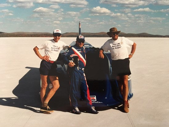 John "Ackers", Rosco and Ian "Doc" Sutherland with Aussie Invader 2 Australian land speed record holder 