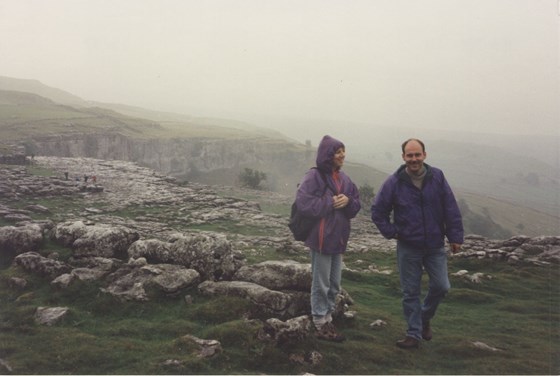 Dave and Patty above a misty Malham Cove - August 1997