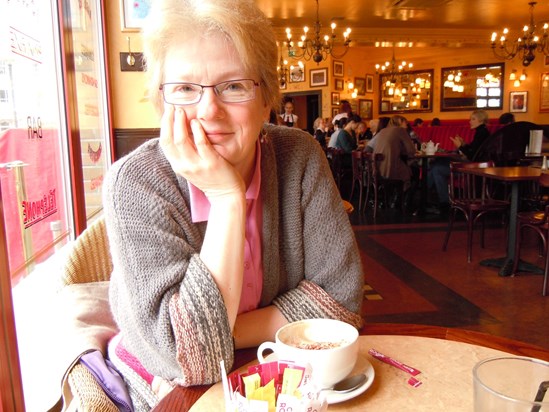 My lovely wife Janet as I remember her.   Conversation with coffee at Cafe Rouge, Cardiff Bay