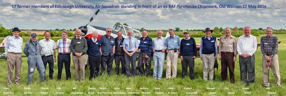 From Keith Dunbar: former members of Edinburgh University Air Squadron standing beside a Chipmunk aircraft at the gathering at Old Warden airfield in May 2015