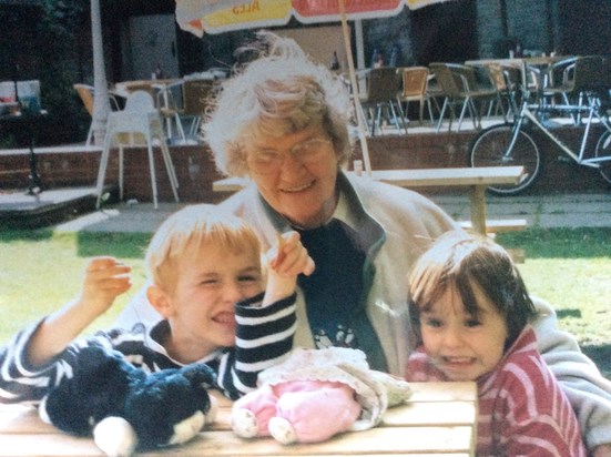 Great Auntie Betty with Tom and Phoebe, in Northants, 2001, always good stories.