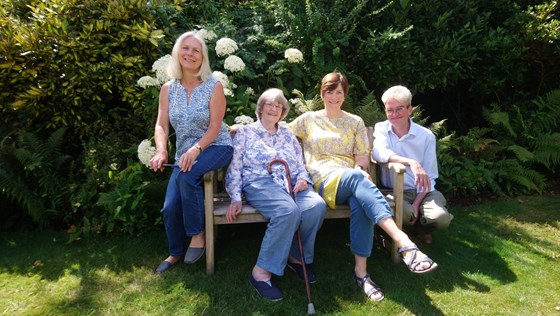 Betty in her garden with Louise, Iain and Flip 2019