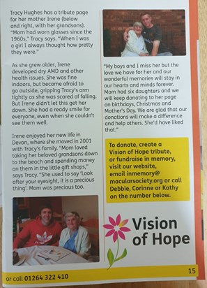 Lovely tribute to  you Mom in The Macular Society Newsletter. 💗