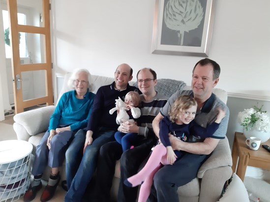 Dorothy with her son, two grandsons and two great granddaughters.